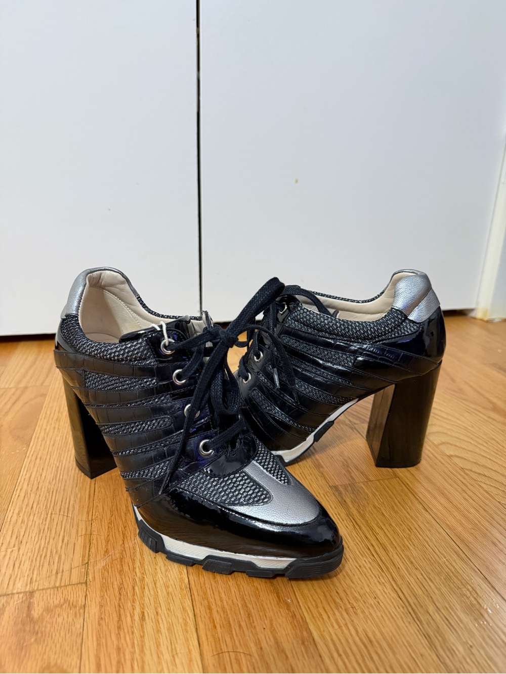 Prada Black and Silver Lace-Up Heeled Sneakers